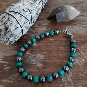 sterling malachite hematite round bead beaded boho bracelet